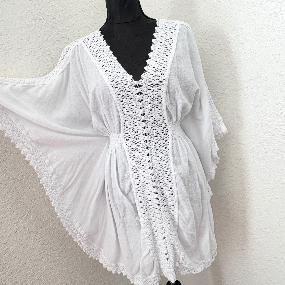 Surf Style Kaftan‎ Cover Up Womens L White Cotton Crochet Lace Boho